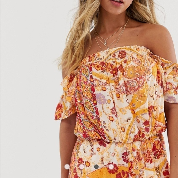 Free People Carmen Vibrant Orange Boho print off the shoulder Wide Leg Jumpsuit - Picture 10 of 11